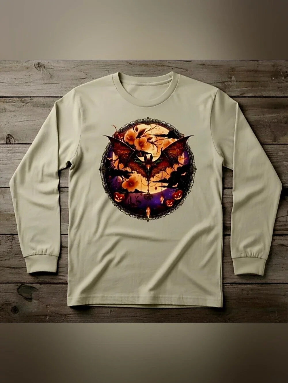 Gothic Bat Moon Floral Halloween Long Sleeve Tee | Witchy Fall Shirt